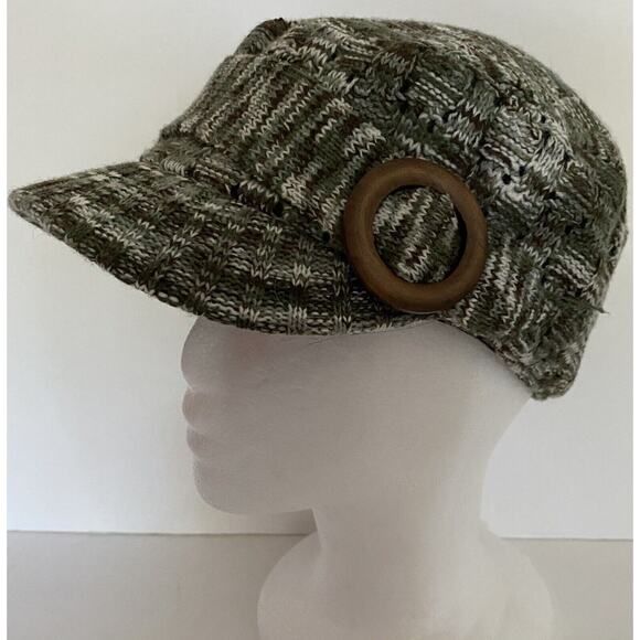 Vtg Scala Pronto Wms Grn Blk Knit Y2K Lined Cabbie Newsboy Elas Back Buckle Acc - Picture 2 of 9